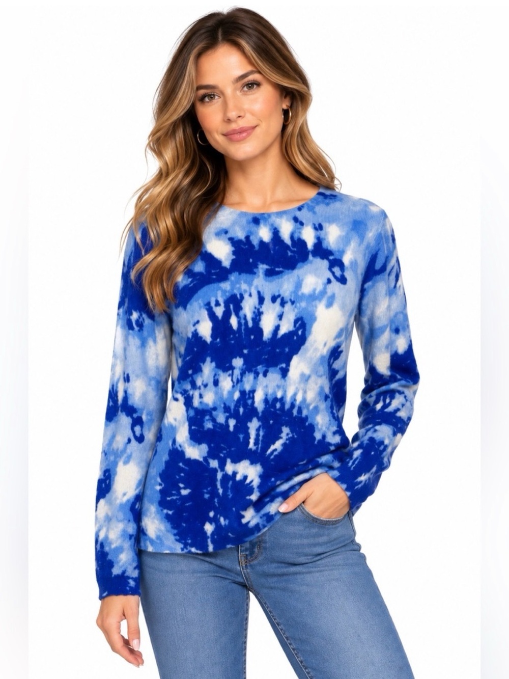 Charter Club Luxury 100% Cashmere Blue Tie Dye Sweater Size Medium Crewneck